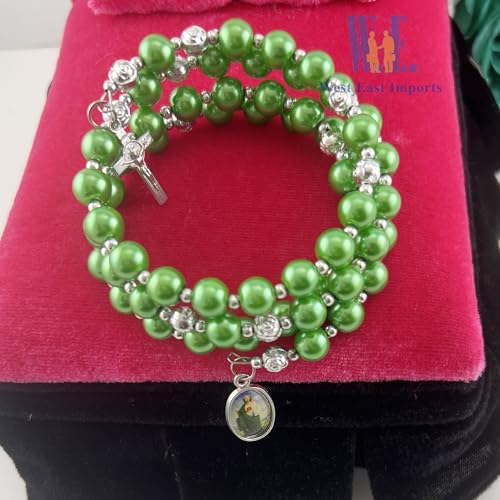 12 pcs Religious Wrap Rosary Bracelet, Green Beads with Cross and St. Jude Medal Charm, Memorial Prayer Favor - color: JA175S-grn
