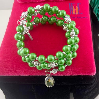 12 pcs Religious Wrap Rosary Bracelet, Green Beads with Cross and St. Jude Medal Charm, Memorial Prayer Favor - color: JA175S-grn