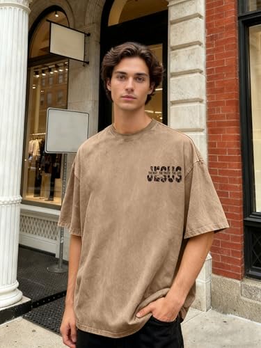 Eatbook Christian Shirts for Men Women Jesus Faith Oversized Acid Wash Tops - color: Apricot Jesus, size: X-Large