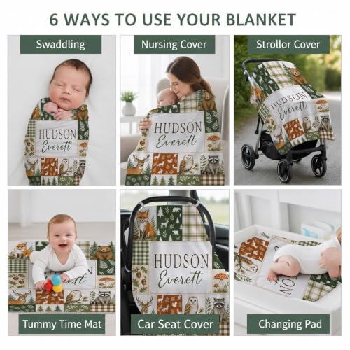 Personalized Woodland Baby Blanket, Custom Forest Animal Baby Blanket - color: Green #11