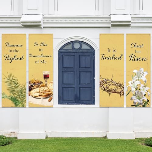 4Pcs Easter Church Banners for Sanctuary Wall Religious Banners Hanging Backdrop Praise Hanging Sign with Scripture Bible Verses Banner Easter Banner for Church School Decor(Retro Warm Yellow) - style: Retro Warm Yellow