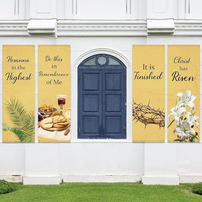 4Pcs Easter Church Banners for Sanctuary Wall Religious Banners Hanging Backdrop Praise Hanging Sign with Scripture Bible Verses Banner Easter Banner for Church School Decor(Retro Warm Yellow) - style: Retro Warm Yellow