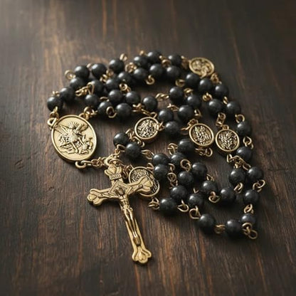 Nazareth Store St Michael Rosary Hematite Stone Beads Necklace Metal Beaded Glory Beads Archangel Medal & Cross with Metal Gift Box - color: Black, yellow
