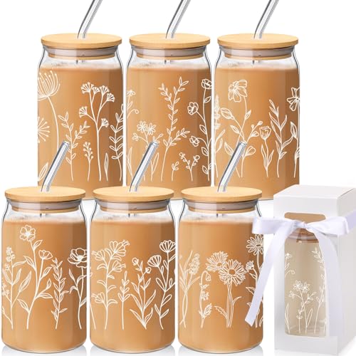 Havawish 12 Pcs Flower Glass Cups with Gift Boxes Glass Cups with Bamboo Lids and Straws Cute Coffee Tumbler for Women Bridesmaid Mothers Day(Boho)