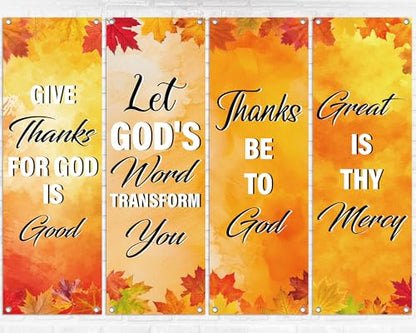 4Pcs Church Banners for Sanctuary Wall Welcome Inspirational Religious Banners Hanging Backdrop Fall Thanksgiving Maple Leaves Church Banner with Scripture Bible Verses Banner for Holiday School Decor - style: Orange Red Leaves