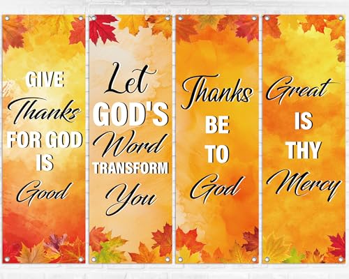 4Pcs Church Banners for Sanctuary Wall Welcome Inspirational Religious Banners Hanging Backdrop Fall Thanksgiving Maple Leaves Church Banner with Scripture Bible Verses Banner for Holiday School Decor - style: Orange Red Leaves