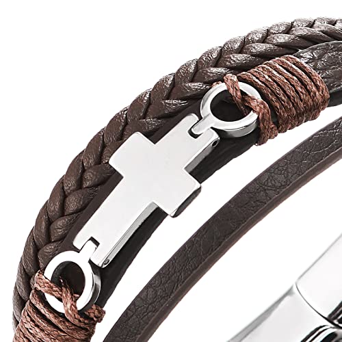 COOLSTEELANDBEYOND Mens Women Steel Horizontal Sideway Lateral Flat Cross Multi-Strand Leather Bangle Bracelet - color: B-Metal Color: Silver; Leather Color: Brown