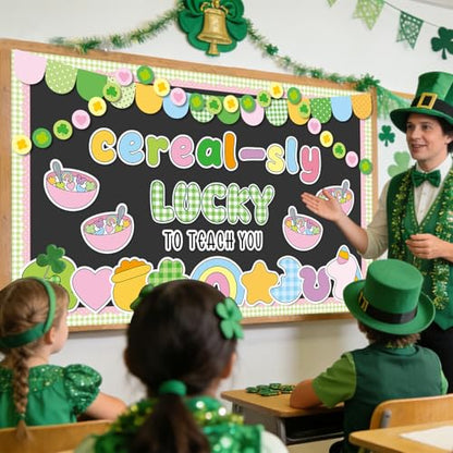 St. Patrick's Day Cereal-Sly Bulletin Board Lucky Shamrock Bulletin Board Decorations Rainbow Gold Coin Paper Cutouts for St. Patrick Party Supplies Home Classroom Chalkboard Wall Door Window Decor - style: St. Patrick's Day