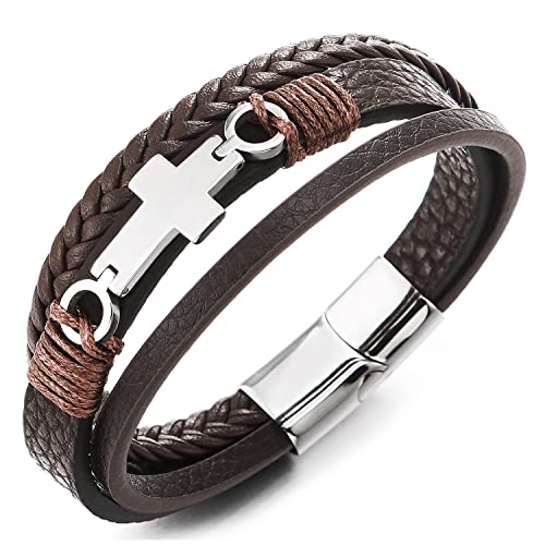 COOLSTEELANDBEYOND Mens Women Steel Horizontal Sideway Lateral Flat Cross Multi-Strand Leather Bangle Bracelet - color: B-Metal Color: Silver; Leather Color: Brown