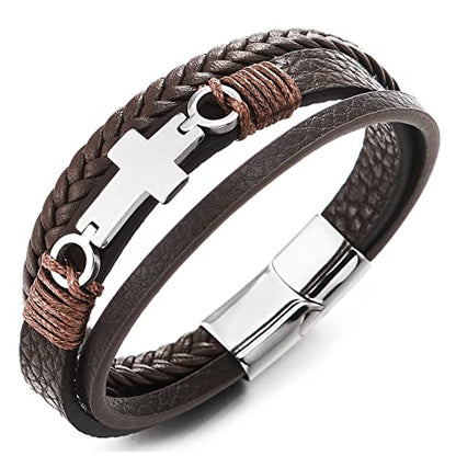 COOLSTEELANDBEYOND Mens Women Steel Horizontal Sideway Lateral Flat Cross Multi-Strand Leather Bangle Bracelet - color: B-Metal Color: Silver; Leather Color: Brown
