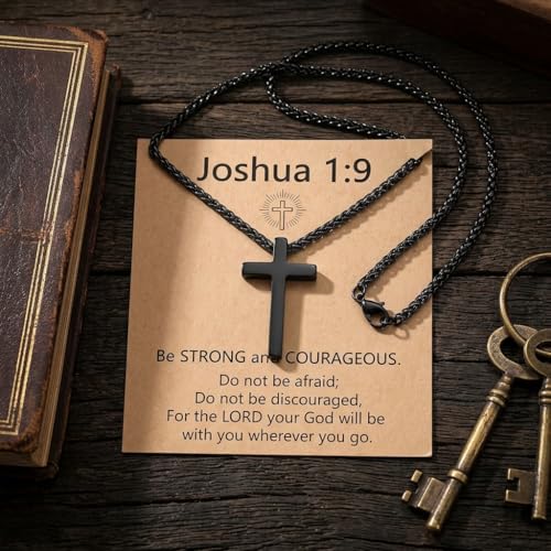 Stainless Steel Cross Necklace for Men, Philippians 4:13/Joshua 1:9/Isaiah 41:10 Scripture Pendant - Religious Baptism & Confirmation Gift for Husband,Teens 13+,Him - style: Joshua 1:9