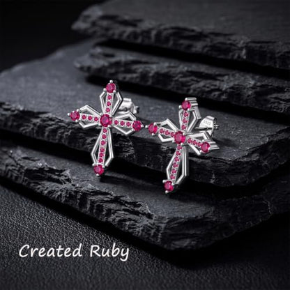 Sterling Silver Dainty Cross Earrings For Women, Christian Religious Faith Cubic Zirconia Stud Earrings - color: ruby