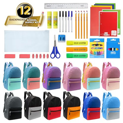 12 Pack 17" Bulk Backpacks with 52 Piece School Supply Kit , 12 Colors - color: 2 Tone, size: 52 Piece SS Kit