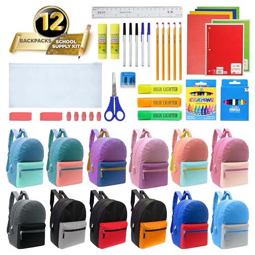 12 Pack 17" Bulk Backpacks with 52 Piece School Supply Kit , 12 Colors - color: 2 Tone, size: 52 Piece SS Kit