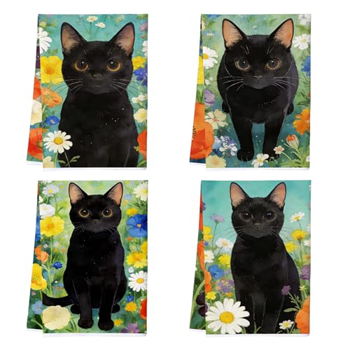 4Pcs Black Cat Kitchen Towels, 16x24 Inch Colorful Wildflower Dish Towels - color: Colorful Cat Floral-03