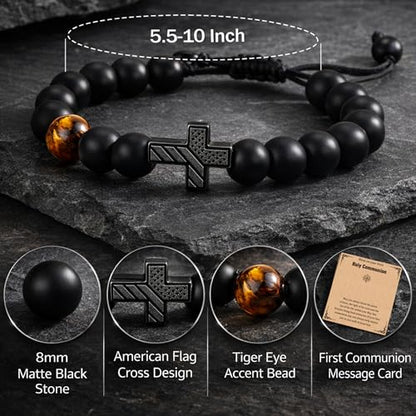 Christian Cross Bracelet Gift for Men Boys Adjustable Beaded Cross Bracelet Religious Jewelry with Message Card for Communion Baptism Confirmation Easter - style: American Flag Joshua 1 9