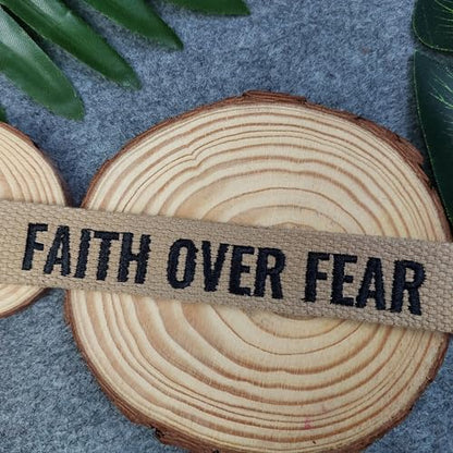 FAITH OVER FEAR embroidered keychain, Christian Gifts, Religious Gifts, Thanksgiving Gift - color: Camel Beige - Gold