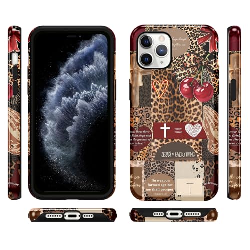 for iPhone 11 Pro 5.8'' Brown Cheetah Christian Phone Case - color: Red Cherry Leopard Collage, size: iPhone 11 Pro