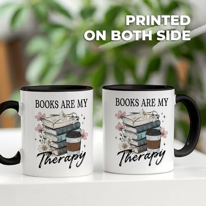 Book Lover Gifts - Books Are My Therapy Mugs with Black Handle, Bookish Coffee Mug with Stacked Book Design, Birthday, Christmas Gift for Books Lovers Women, Bookworm Mugs for Readers - color: Book with Black Handle