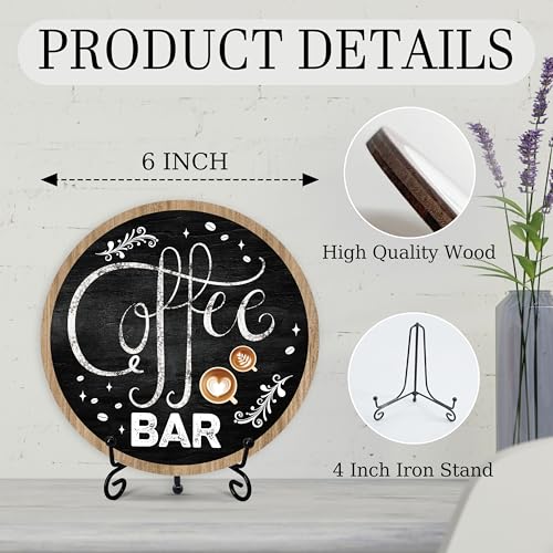 Coffee Bar Sign, 6-Inch Round Wooden Plaque with Stand, Farmhouse Style, Coffee Decor for Home, Kitchen, Office, Gifts - color: Coffee Bar