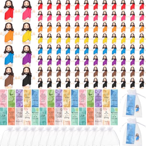 Barydat 100 Sets Mini Jesus Figurines Bulk Easter Gift Little Jesus Figures Tiny Toys Christ Savior Doll with Cards Bags for Religious Party Favors Sunday School Baptism Gift(Bohemian Style) - style: Bohemian Style