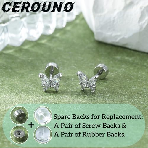 CEROUNO Flat Back Stud Earrings - 925 Sterling Silver Post Flatback Earrings Gold Silver Cubic Zirconia Earrings Studs for Women - color: Silver Butterfly