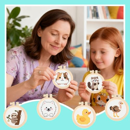 57lilina Easy Embroidery Kit for Kids Beginners, 6 Set Cute Stamped Pattern - color: Duck+Raccoon+Ostrich+Guinea Pig+Sloth+Samoyed