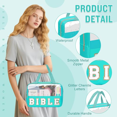 Chenille Letter Bible Bag Case for Girls,Large Study Supplies Church Bag Cover Purse Fits All Bibles,Cute Preppy Christian Tote with Handle Zipper Bible Accessories Gifts for Women(BIBLE-Green) - color: Bible-green