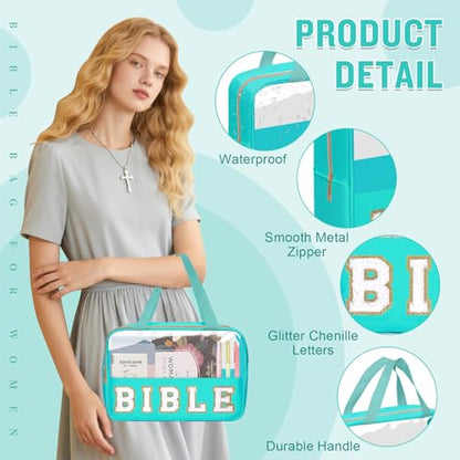 Chenille Letter Bible Bag Case for Girls,Large Study Supplies Church Bag Cover Purse Fits All Bibles,Cute Preppy Christian Tote with Handle Zipper Bible Accessories Gifts for Women(BIBLE-Green) - color: Bible-green