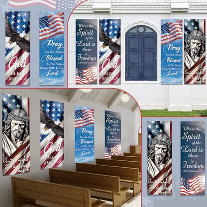 4Pcs Independence Day Church Banners for Sanctuary Wall 250 Anniversary USA 4th of July Religious Hanging Backdrop Church Banner with Scripture Worship Bible Verses for Patriotic Holiday Decor - style: Independence Day