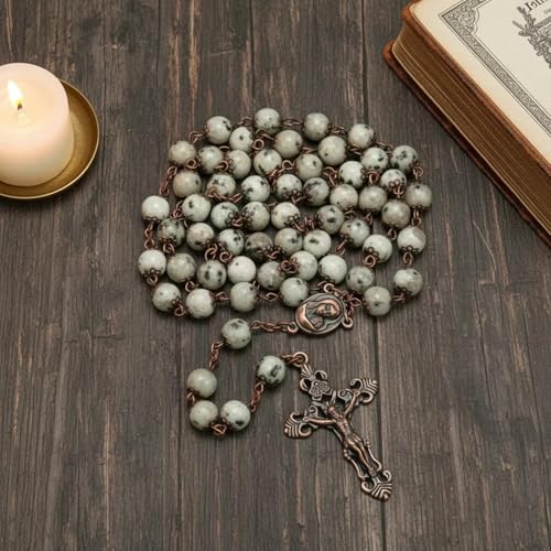 Nazareth Store Natural Stone Beads 8mm Rosary Necklace Antique Copper Design Holy Soil Medal & Cross in Velvet Bag - Catholic Rosaries Terra Santa Jerusalem Collection - color: Dalmatian Jasper