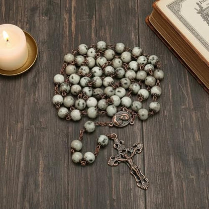 Nazareth Store Natural Stone Beads 8mm Rosary Necklace Antique Copper Design Holy Soil Medal & Cross in Velvet Bag - Catholic Rosaries Terra Santa Jerusalem Collection - color: Dalmatian Jasper