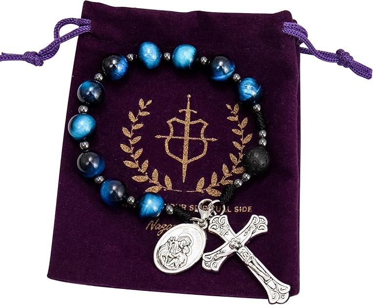Nazareth Store Tiger Eye Beads One Decade Rosary Handmade Pocket Car Mirror with Saint Joseph Medal and Jesus Cross in Antique Silver Volcanic Stone Travel Friendly Rosary - color: Blue Tiger Eye