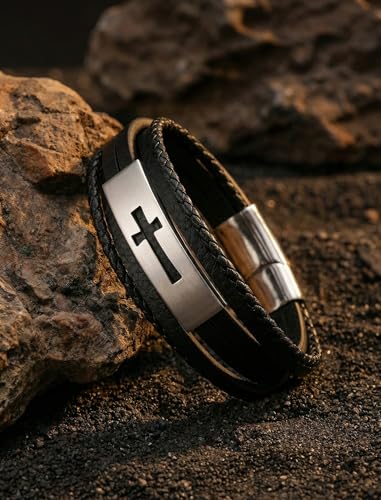 Mens Leather Cross Bracelet Multilayer Braided Wristband Bangle Bracelets with Stainless Steel Buckle Religious Gift for Men Brown/Black/Blue–8.3 inch - color: Style3, size: 8.3in(Fits most wrists)