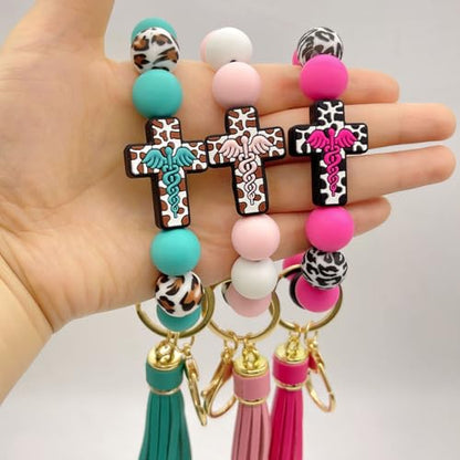 Beaded Keychain Wristlet Silicone Cross Elastic Wrist Key Ring Tassel Bangle Key Chains for Car Key Bracelet Women - color: Leopard Turquoise