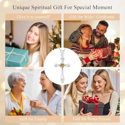 Cross Necklace for Women,925 Sterling Silver Faith Jewerly Gift - color: 11-November-Citrine