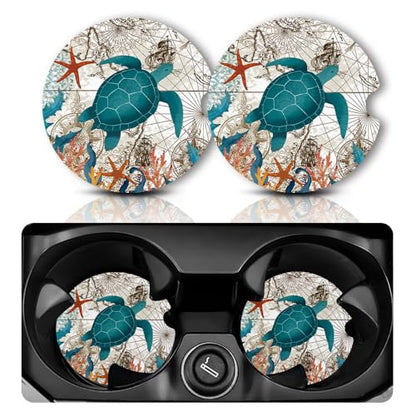 Yonlevres Car Coasters for Cup Holders，Sea Turtle 2.75" 2 Pack - color: Sea Turtle