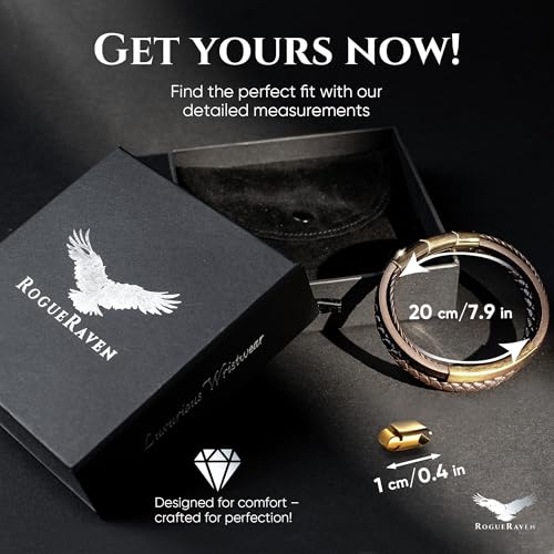 RogueRaven Black Leather Bracelet for Men – Premium Collection – Brown Black Gold Silver | Genuine Leather Mens Bracelet with Stainless Steel Clasp [Adjustable] | In Luxury Gift Box - color: Brown gold