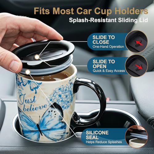 Topadorn 17oz Ceramic Travel Mug with Lid, Blue Butterfly Mug - color: Butterfly