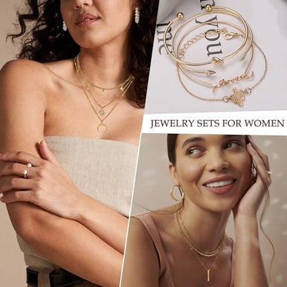 EIELO 90pcs Gold Jewelry Set for Women with 7 Necklaces, 11 Bracelets, 12 Hoop Earrings 24 Ear Studs, 14 Ear Cuffs, 22 Knuckle Rings for Womens Gold Plated Fashion Jewelry Set