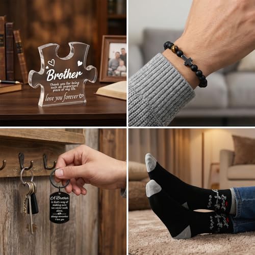 4Pcs Gifts for Brother from Sister Funny Brother Birthday Gifts Include Cross Bracelet Clear Acrylic Plaque Funny Socks Keychain Graduation Christian Birthday Christmas Gift for Men Son Nephew