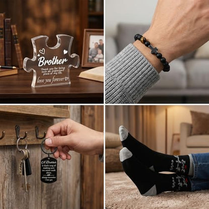 4Pcs Gifts for Brother from Sister Funny Brother Birthday Gifts Include Cross Bracelet Clear Acrylic Plaque Funny Socks Keychain Graduation Christian Birthday Christmas Gift for Men Son Nephew