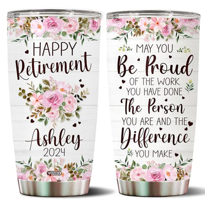 Personalized Happy Retirement Tumbler Travel Cup Coffee Mug Insulated Stainless Steel 20oz With Lid Gifts for Coworker Friend Teacher Boss Dad Mom Doctor Women Men - color: RETIREMENT