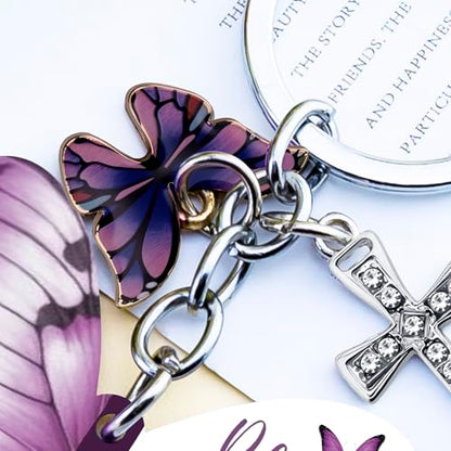 Butterfly Christian Keychain Women Cross Bible Verse Keychain Butterfly Purse Charm Inspirational Religious Gifts - color: Purple