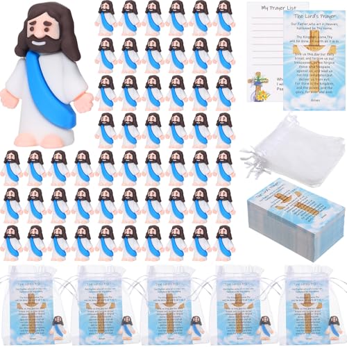 Barydat 75 Set Blue Mini Jesus Figures with Prayer Cards and Organza Bags - color: Blue