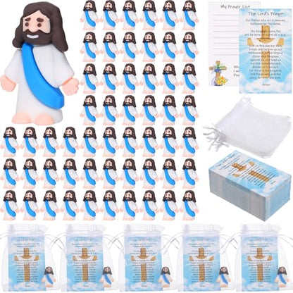 Barydat 75 Set Blue Mini Jesus Figures with Prayer Cards and Organza Bags - color: Blue