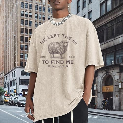 Christian Shirts for Men He Left The 99 to Find Me Shirt Jesus Religious Bible Verse Oversized Washed Graphic Tees - color: Apricot, size: X-Large