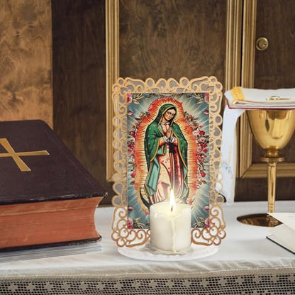 15 Set Our Lady of Guadalupe Acrylic Statues Virgen De Guadalupe Picture Frames with Organza Gift Bags Baptism Favors for Guests Baptism Centerpieces for Table First Communion Gifts Catholic Favors