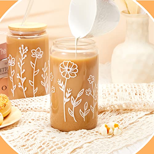 Mumufy 4 Pack Boho Floral Glass Cup, 16 oz Tumbler Mug with Bamboo Lid - style: Boho Floral