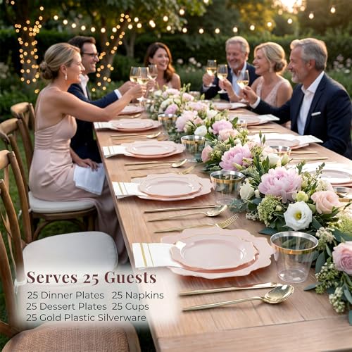 WDF 175Pcs Pink Plastic Plates - Pink and Gold Plates Disposable 25guest Plastic Dinnerware Ideal for Bridal Shower/Wedding/Baby Shower/Fall Party/Thanksgivng - color: Pink and Gold, size: 175 pieces